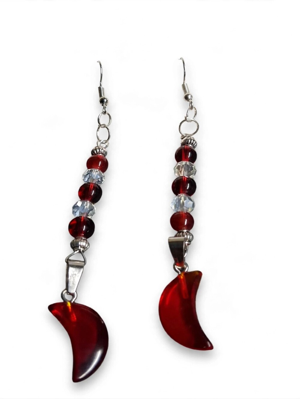 Red Beaded Crescent Moon Dangle Earrings - Unbranded